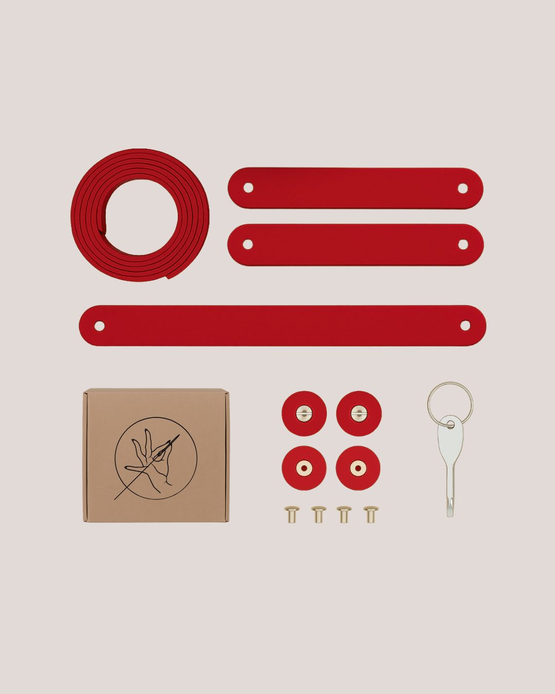 Rodeo leather extras pack in Red for Labienhecha Rafaelas, Ninas and Ximenas bags: extendable side wings, buttons, shoulder pad, long strap and a little box with a screwdriver